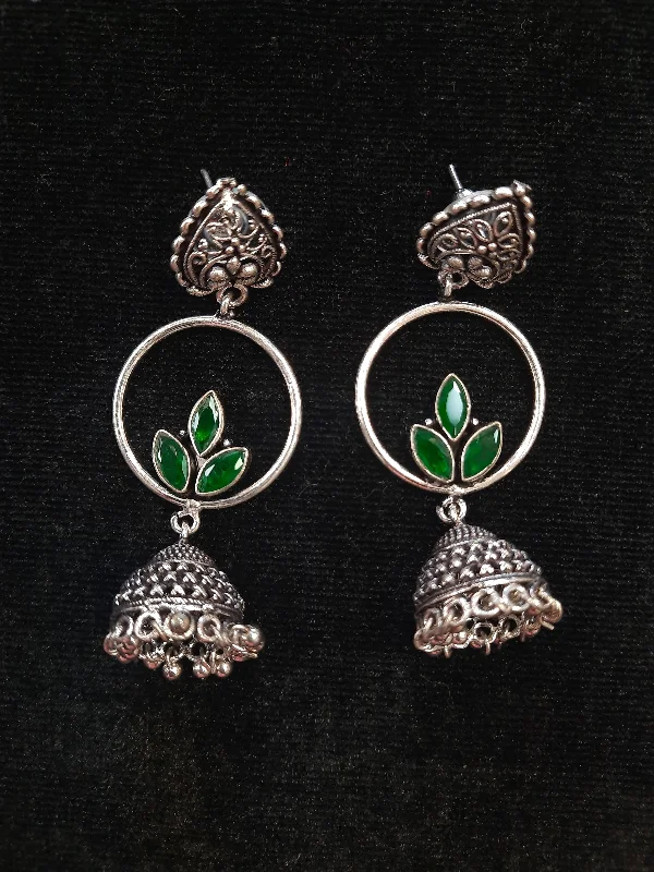 women's gold drop earrings -Alluring Green Color Floral Design Silver Oxidized Jhumka For women