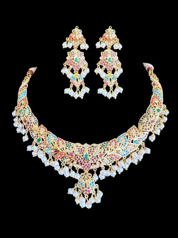 women's anniversary necklace -Navratan necklace  set with fresh water pearls in gold plated silver ( READY TO SHIP )