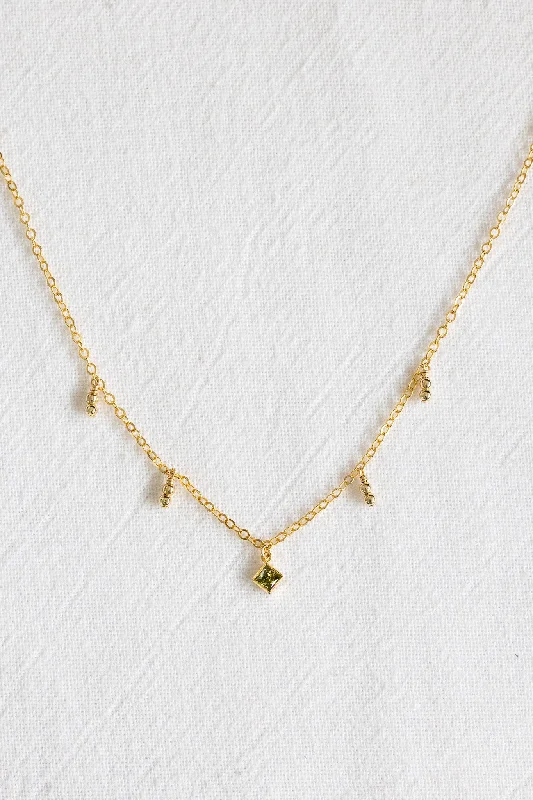 women's gemstone necklace -Peridot CZ Diamond Bead Drop Plain Necklace