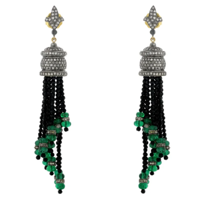 women's bridal hoop earrings -Emerald and Diamond Tassel Earrings