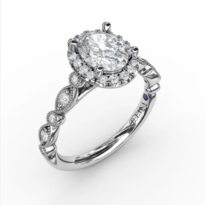 vintage engagement rings with diamonds for women -Fana 14K White Gold and Diamond Oval Halo with Detailed Milgrain Band