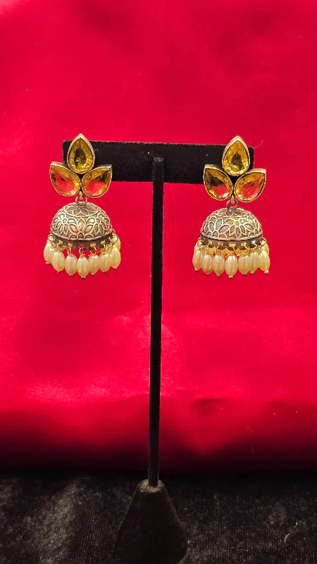 women's cocktail earrings -Yellow Color Stoned Oxidized Jhumkas