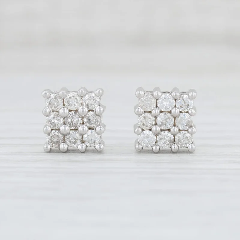 women's gold earrings -1.04ctw Square Diamond Cluster Earrings 14k White Gold Pierced Studs