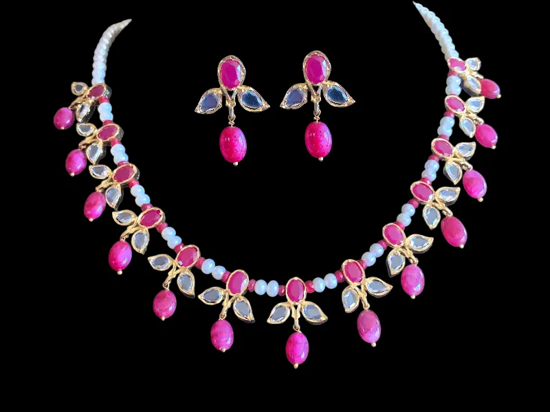 women's diamond necklace chain -ZAFRIN gold plated silver necklace set in ruby (  SHIPS IN 4 WEEKS )