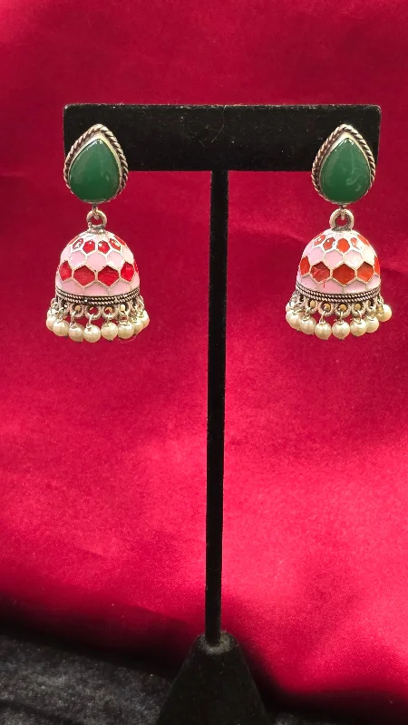 women's sapphire drop earrings -Green Color Stone With Pink And Red Work Earrings