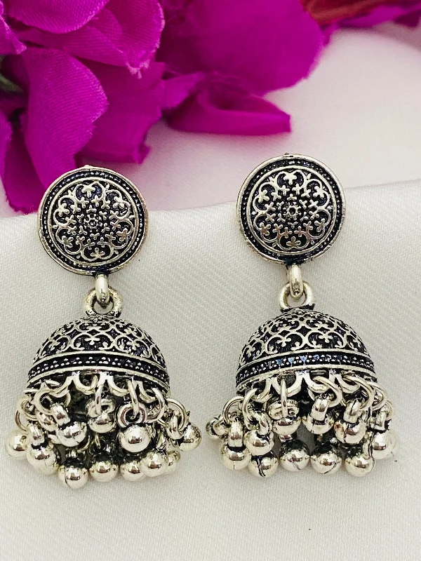 women's gold drop earrings -Fascinating Oxidized Silver Designer Jhumka with Beads