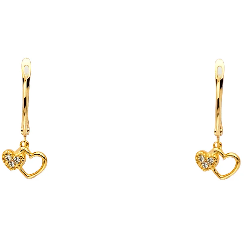 women's diamond stud earrings -14KY CZ 2 Heart Hanging Earrings