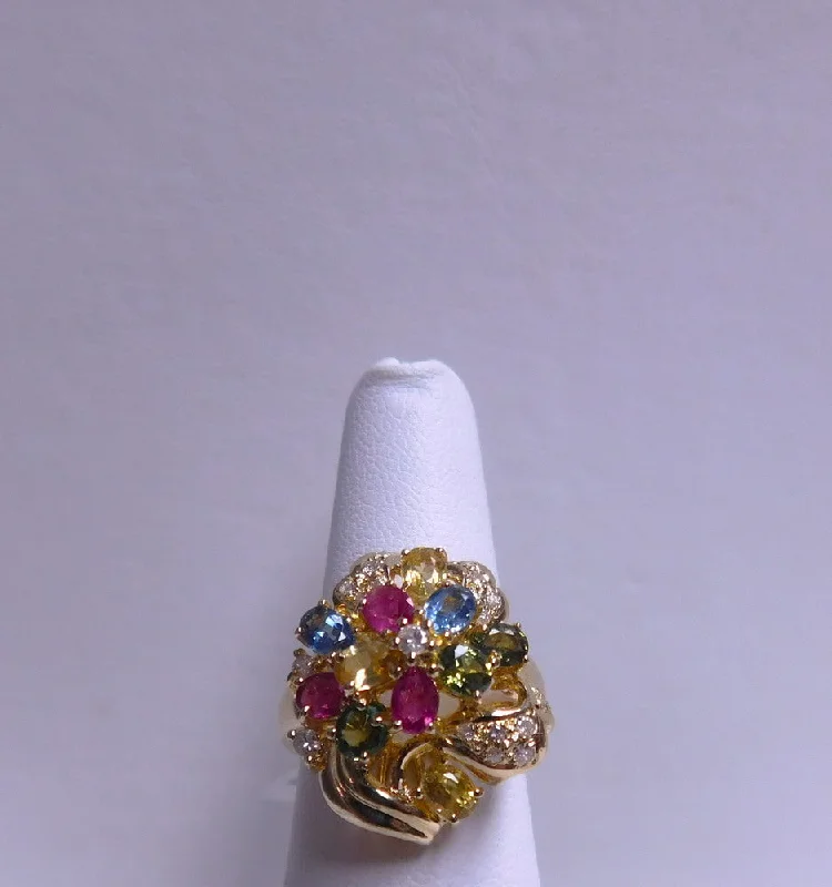 women's stackable ring -18K MULTI COLORED SAPPHIRE FLOWER RING