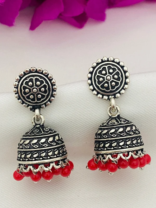 women's moon earrings -Red Beaded Tear Drop Designer Jhumka With Sphere Studs