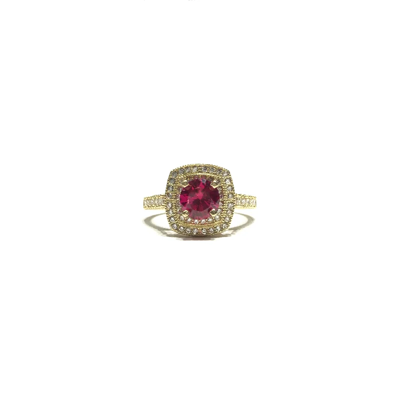 women's vintage ring -Round Red CZ Double Halo Ring (14K)