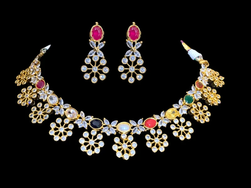 women's modern pendant necklace -NS135 Navratan necklace with earrings ( READY TO SHIP)