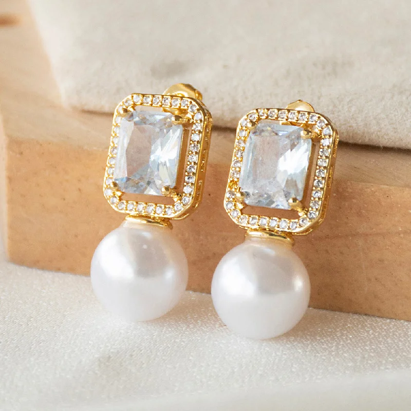 women's pearl stud earrings -Rectangular Diamond Pearl Earrings