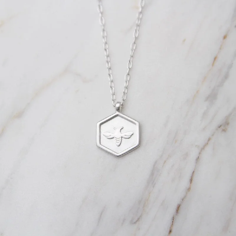 women's zodiac necklace -Brushed Sterling Silver Hex with Bee Necklace