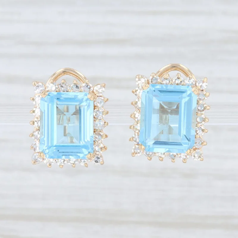 women's matching diamond earrings -11.70ctw Blue Topaz Diamond Halo Earrings 14k Yellow Gold Pierced Omega Backs