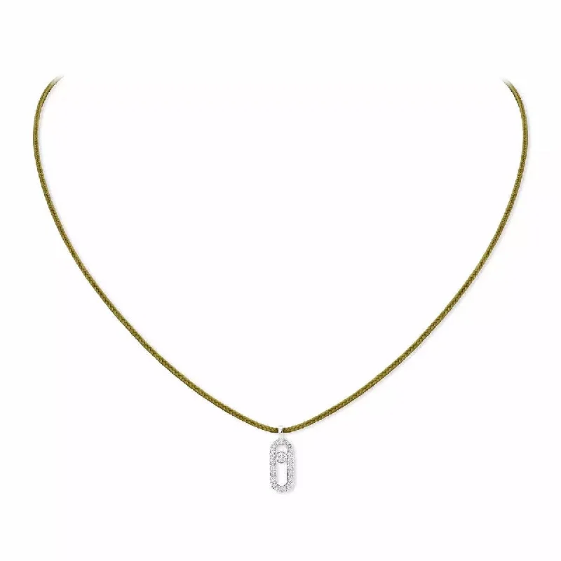 women's sophisticated necklace -18ct White Gold Diamond Messika Cares Necklace On A Khaki Cord