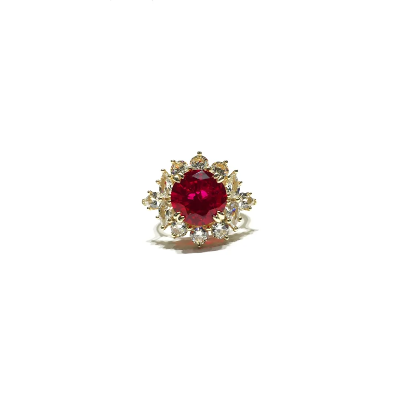 women's silver ring -Round Red CZ Sunburst Statement Ring (14K)