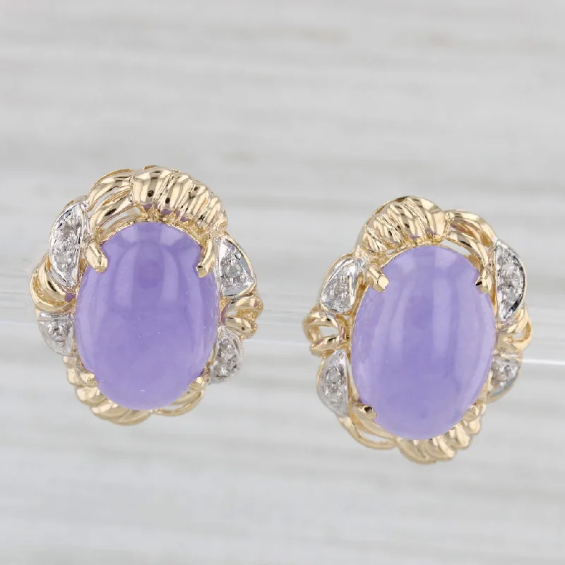 women's delicate earrings -Lavender Jadeite Jade Diamond Earrings 14k Yellow Gold Oval Cabochon Omega Backs