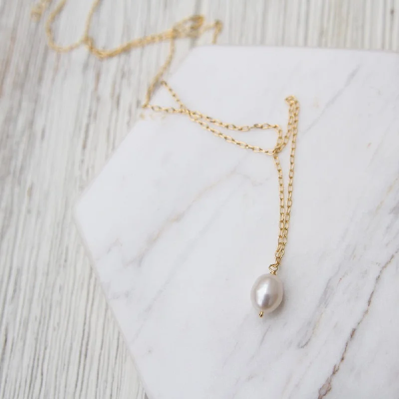 women's layered gold necklace -Big Pearl on Chain Necklace - Gold Vermeil