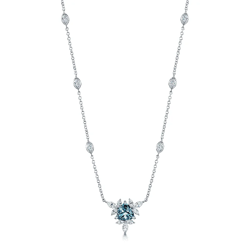 women's layered diamond necklace -18ct White Gold Trilliant Cut Aquamarine & Marquise Diamond Flower Necklace With Marquise Cut Diamond Set Chain