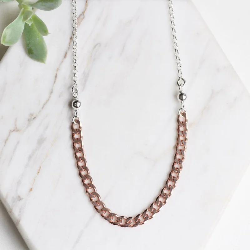 women's charm necklace -Rose Gold Curb Chain Center Station Necklace