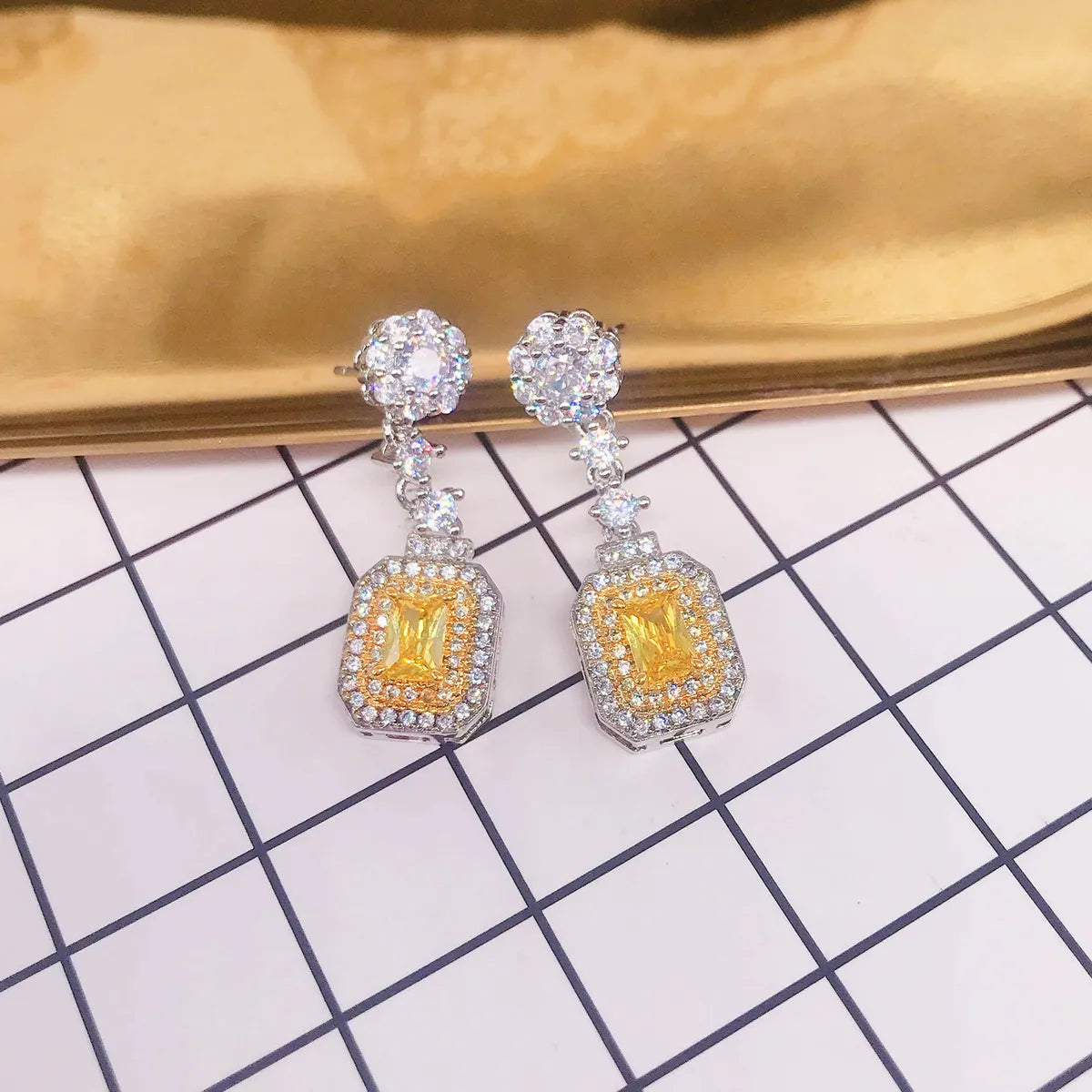 New Micro-inlaid Yellow Square Diamond Earrings Ear Jewelry