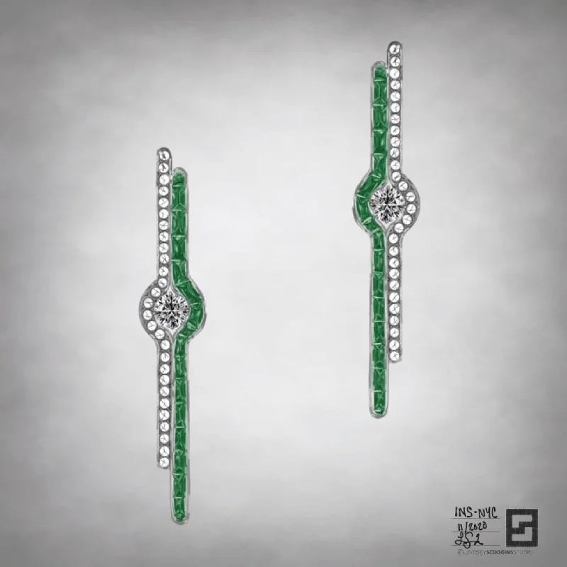 women's diamond earrings -TRAIN HOPPER EMERALD AND DIAMOND DROP EARRINGS