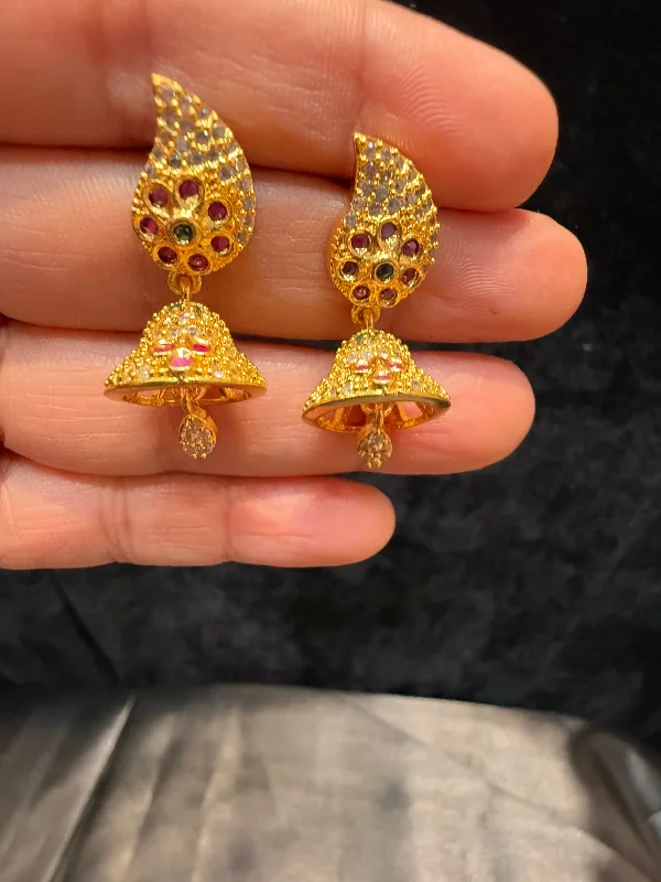 women's luxury diamond earrings -Appealing Gold tone Multicolored Stoned Designer jhumka Earrings