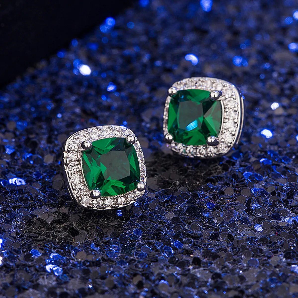 Fashion Square Diamond-set Zircon Emerald Copper Earrings