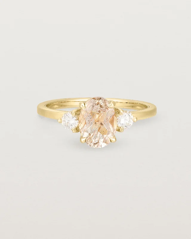 rose gold three-stone engagement rings for women -Una Oval Trio Ring | Rutilated Quartz & Diamonds