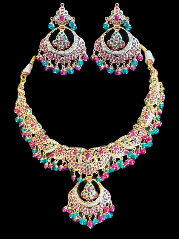 women's platinum necklace -Ruby emerald jadau necklace with earrings in gold plated silver ( READY TO SHIP)