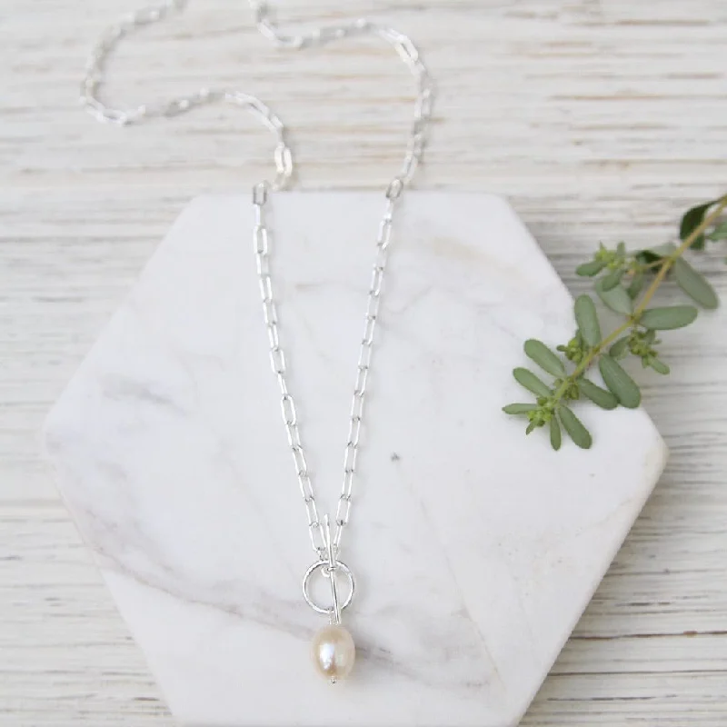 women's heirloom necklace -Sterling Silver Parallel Chain with Front Toggle Clasp & Pearl Necklace