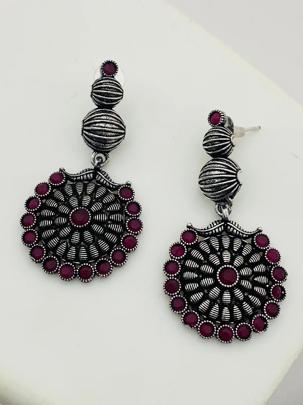 women's fashion earrings -Elegant Ruby Stone Studded Silver Toned Designer Oxidized Long Earrings