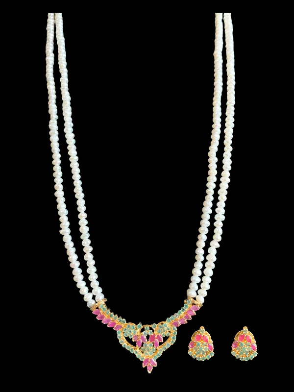 women's romantic gold necklace -LN131 Ruby emerald long  necklace  set in fresh water pearls ( READY TO SHIP )