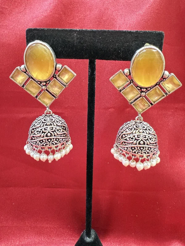 women's vintage diamond earrings -Alluring Yellow Stone Jhumka  Designer Oxidized Earrings For Women