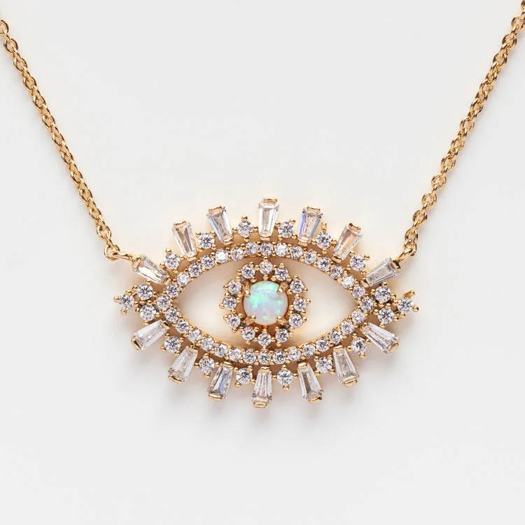 women's anniversary necklace -CZ Evil Eye with Opal Center Necklace