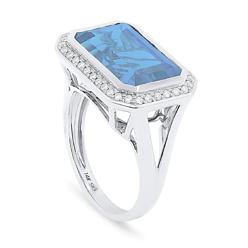 diamond engagement rings for women -14K White Gold Large Step Cut Blue Topaz and Diamond Halo Ring