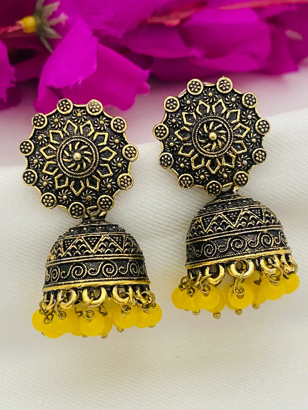 women's gold stud earrings -Appealing Yellow Color Pearl Beaded Floral Design Oxidized Jhumkas