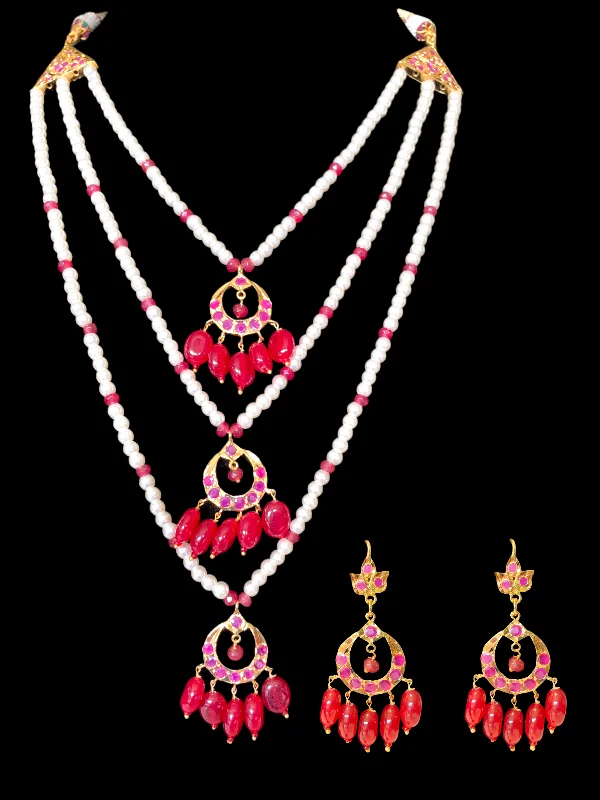 women's diamond necklace -SAT72 Seema three layer  necklace with chandbali- ruby  ( READY TO SHIP )