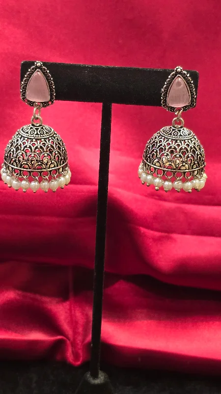 women's luxury earrings -Pretty Pink Color Jhumkas With White Small Pearldrop