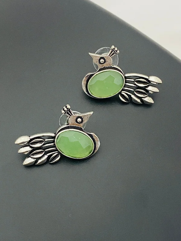 women's gold earrings -Alluring Light Green Stoned Silver Replica Oxidized Peacock Designer Stud Earrings