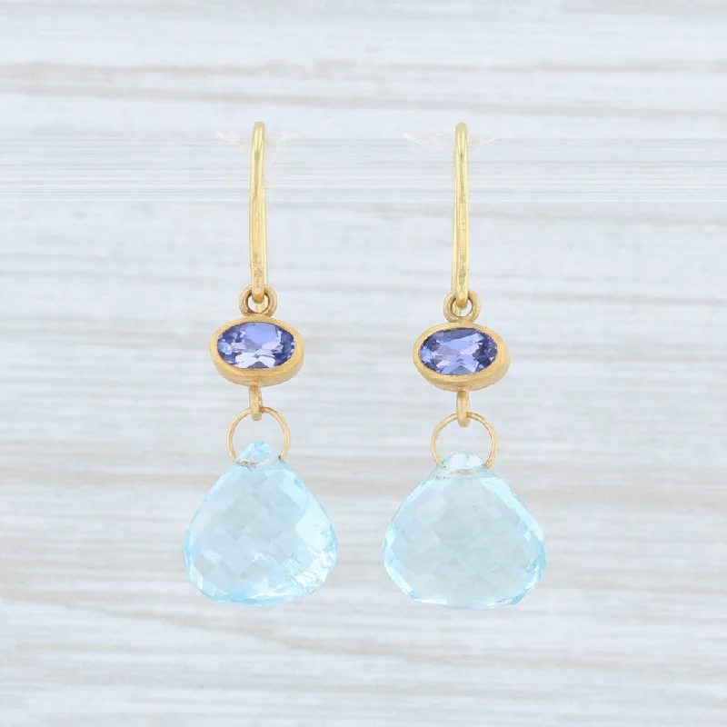 women's delicate earrings -Mallary Marks Briolette Aquamarine Tanzanite Earrings 22k 18k Gold Blue Stone