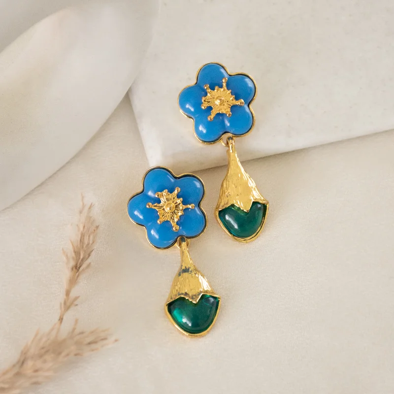 women's diamond stud earrings -Blue Floral Tulip Drop Earrings