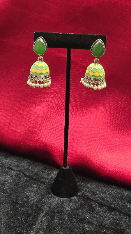 women's custom diamond earrings -Pretty Green Color Jhumkas