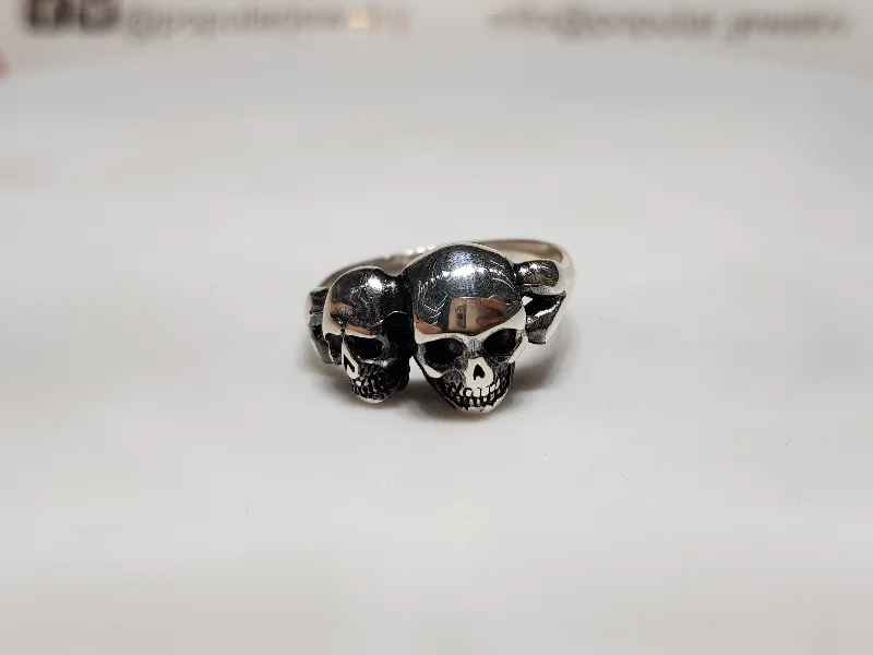 women's large statement ring -Antique-Finish Twin Skull Ring (Silver)