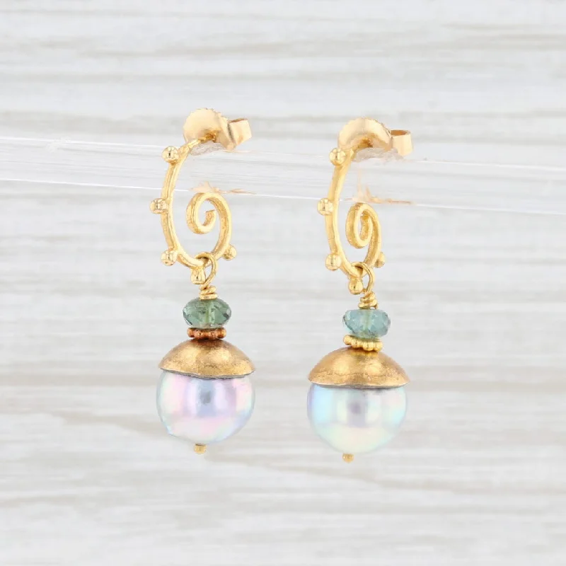 women's opal stud earrings -Cultured Saltwater Pearl Tourmaline Swirl Drop Earrings 18k Yellow Gold