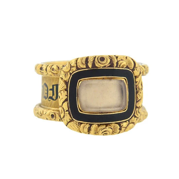 women's birthstone ring -Georgian 18kt Enameled Glass Window Repousse Mourning Ring