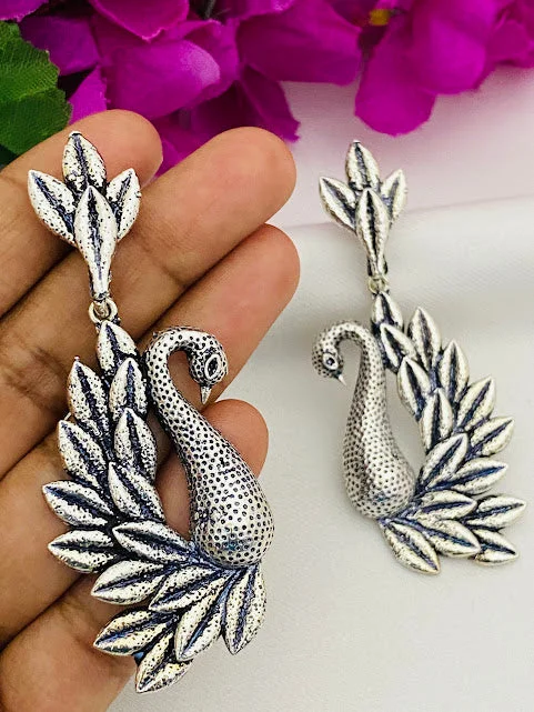 women's delicate diamond earrings -Pretty Oxidized Peacock Designer Earrings