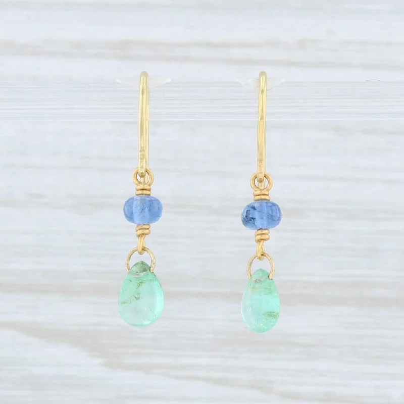 women's opal earrings -Artisan Emerald Tanzanite Bead Earrings 14k Yellow Gold Dangle Hook Posts