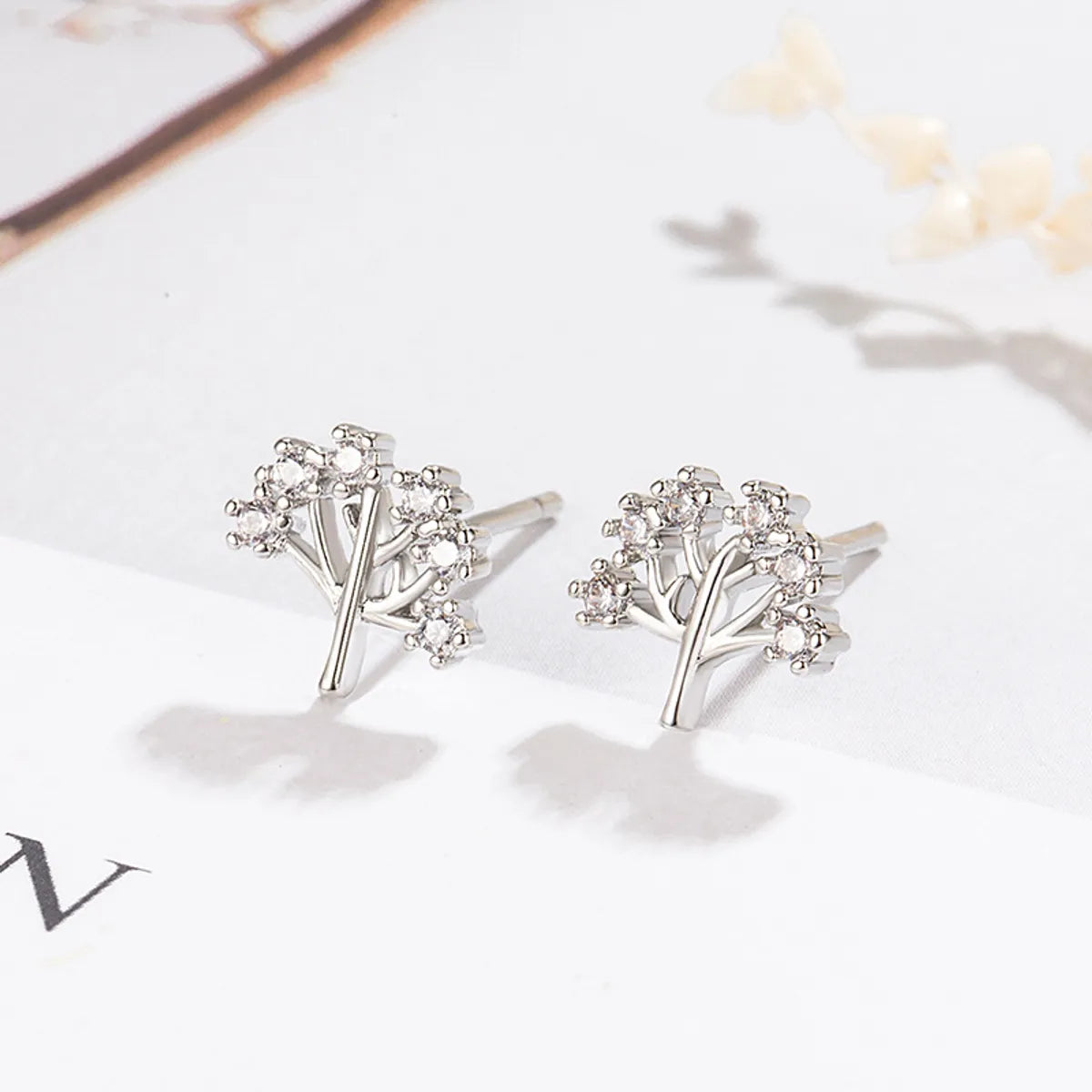 Lucky Tree Ear Studs [with Earplug] Copper White Gold Plated