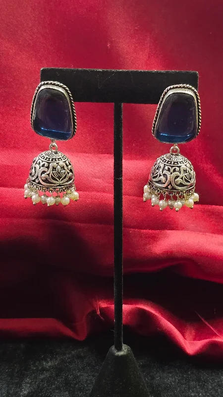 women's statement earrings -Beautiful Navy Blue Color Stoned Jhumkas